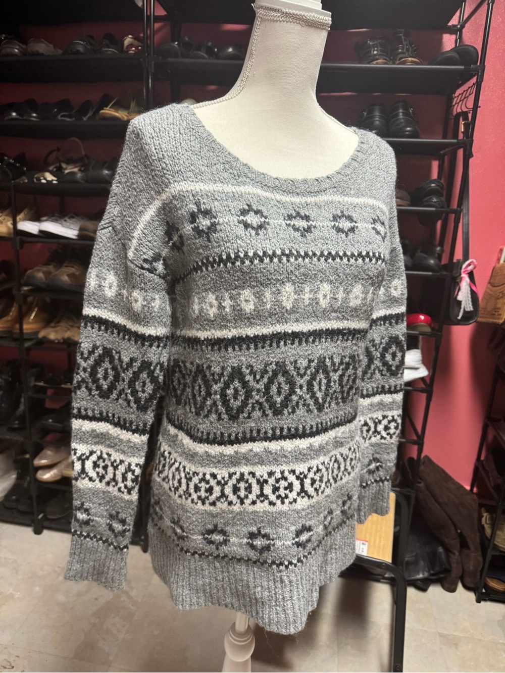 American Eagle Fair Isle Sweater Gray Oversized Nordic Knit Wool Blend Size S